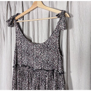 Leopard Print Babydoll Mini Dress Tie Shoulder Rayon Small Breezy Summer 90s